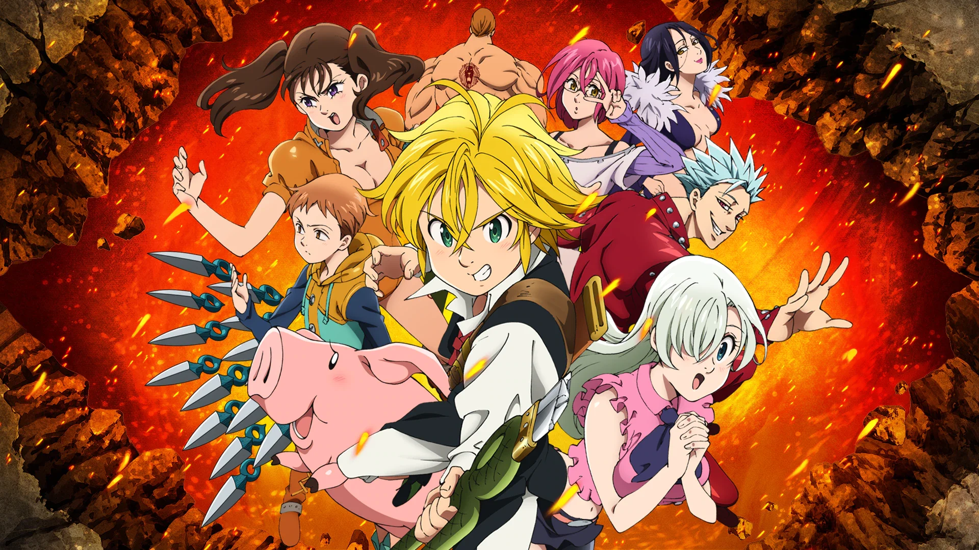 Cinematic view of the seven deadly sins, alongside the series logo